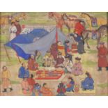 Figures around a camp with horses, Asian school watercolour, framed, 34.5cm x 27cm :For Further