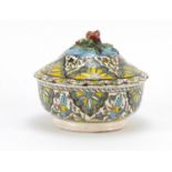 Turkish Kutahya pottery bowl and cover, hand painted with stylised flowers, painted marks to the