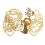 Costume jewellery comprising two brooches and two simulated pearl necklaces, one with unmarked