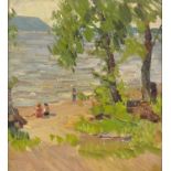 Children on a beach, Russian school oil on board, inscribed verso, framed, 26cm x 23cm :For