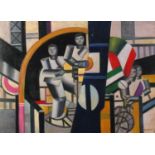 Manner of F Leger - Abstract composition, geometric shapes with figures, French Impressionist, oil