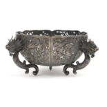 Chinese export silver bowl with dragon supports by Kwong Man Shing, embossed and pierced with panels