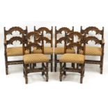 Set of six carved oak dining chairs including two carvers, with polka dot upholstered stuff over
