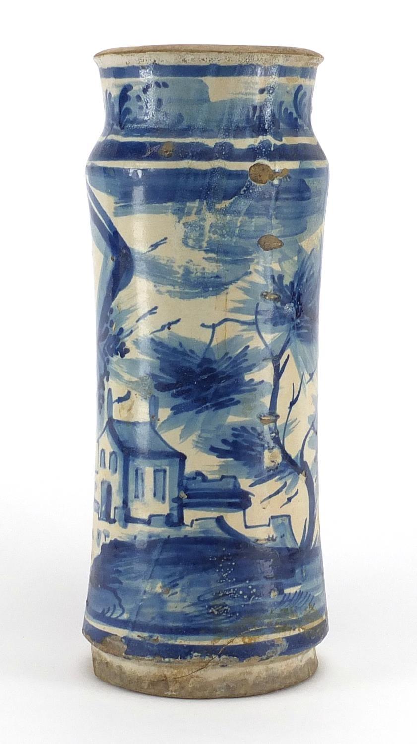 Antique Delft tin glazed drug jar, hand painted with a female and a landscape, 31.5cm high :For - Image 2 of 4