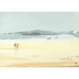 M Ottonello - Stone Jetty and Midland Hotel, Morecambe, signed watercolour, mounted and framed, 32cm