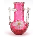 19th century cranberry glass vase with thistle design twin handles and applied flower head, 32cm