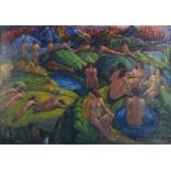 Nude bathers, German school oil on canvas, bearing a signature Hanlan, framed, 68cm x 48.5cm :For