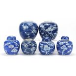 Six Chinese blue and white porcelain ginger jars, three with covers, each hand painted with prunus