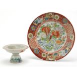 Chinese porcelain plate and sectional pedestal dish hand painted with flowers, the largest 21cm in