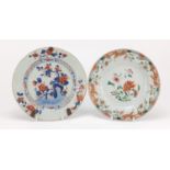 Two Chinese porcelain plates, including one hand painted in a famille rose palette with flowers, the