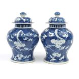 Pair of Chinese blue and white porcelain baluster vases and covers, each hand painted with prunus
