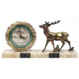 French Art Deco marble mantle clock mounted with a bronzed deer, 45cm wide :For Further Condition