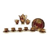 Carlton Ware Rouge Royale six place coffee service comprising coffeepot, six cups and saucers,