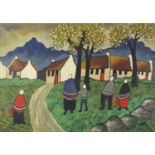 Manner of Markey Robinson - Figures before cottages and mountains, Irish School oil onto canvas,