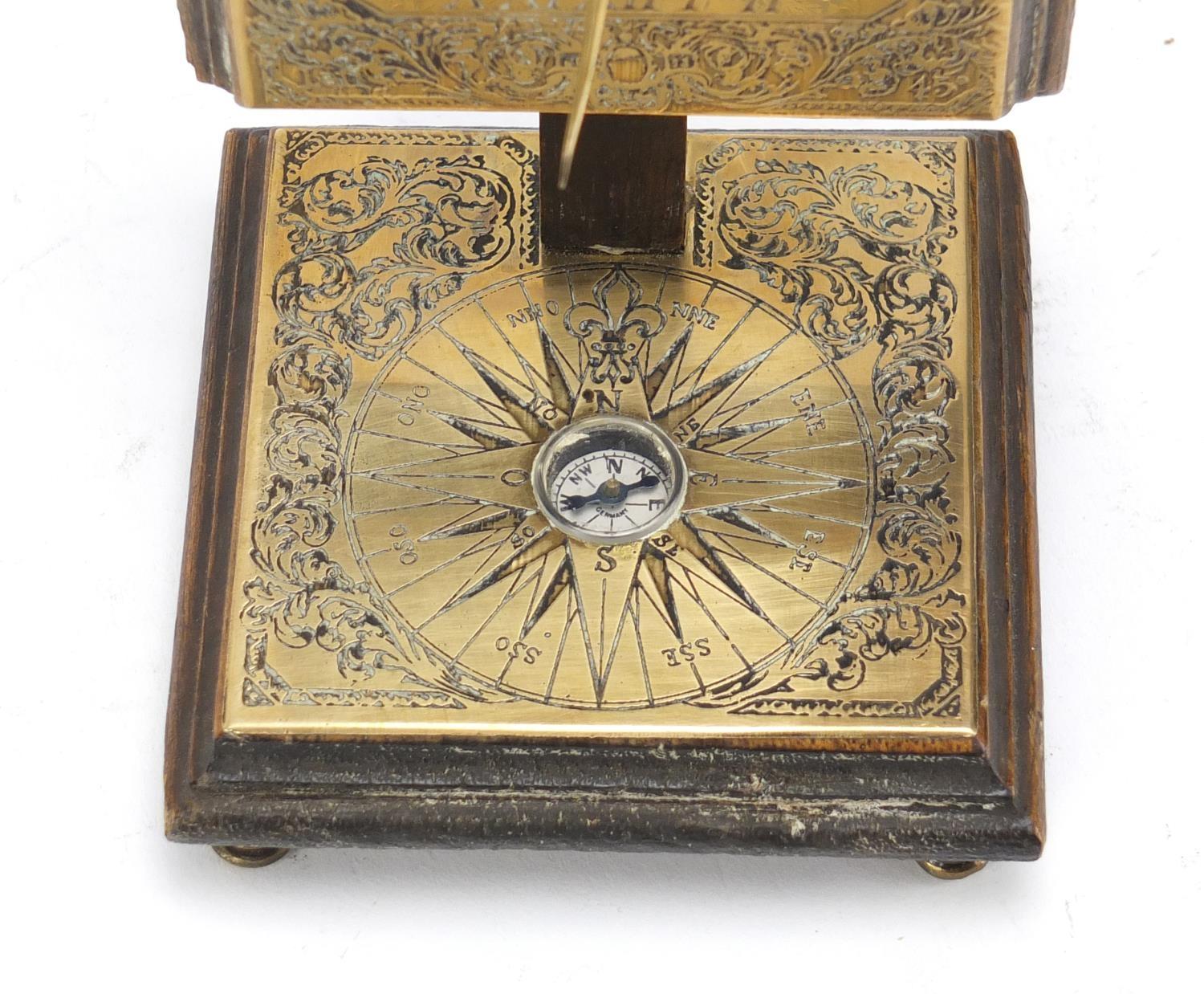 Antique oak backed brass sundial and compass, 15.5cm high :For Further Condition Reports Please - Image 3 of 5