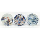 Three Chinese porcelain plates including two hand painted with river landscapes, the largest 23cm in