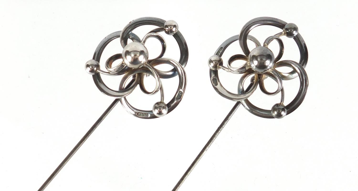 Pair of Art Nouveau silver hat pins by Charles Horner, Chester 1913, each 22cm in length :For - Image 2 of 6