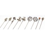 Nine silver hat pins including three pairs, some by Charles Horner, various hallmarks, the largest