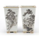 Pair of Chinese porcelain planters, hand painted with landscapes and precious objects, each with