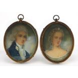 Pair of oval hand painted portrait miniatures including a man in formal dress, framed, each