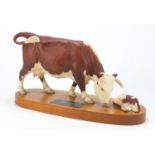 Beswick connoisseur model of a Hereford Cow and Calf, raised on a wooden plinth base, 34cm wide :For