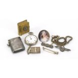 Objects including a rectangular silver vesta, ladies silver pocket watch and a hand painted