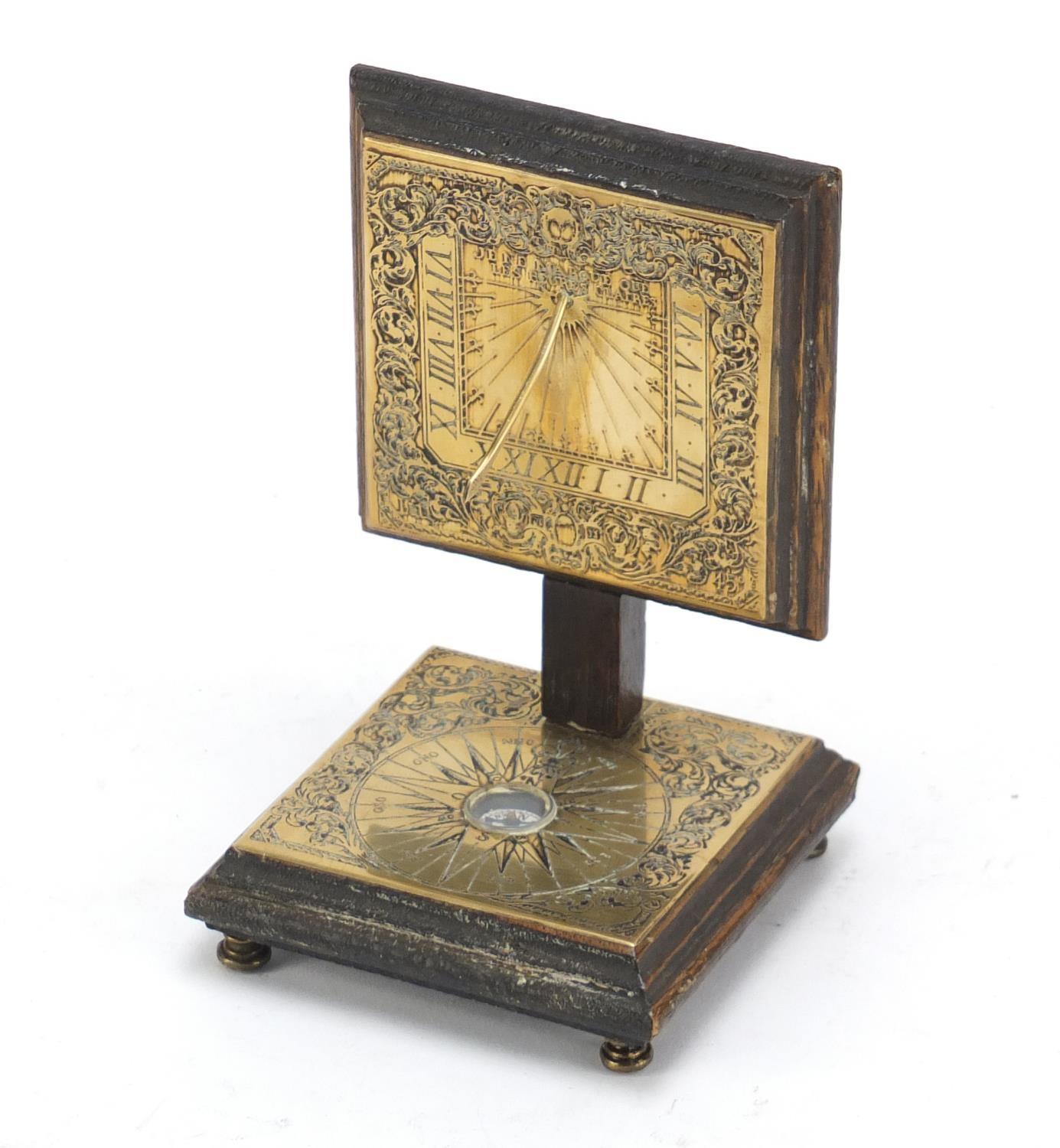 Antique oak backed brass sundial and compass, 15.5cm high :For Further Condition Reports Please