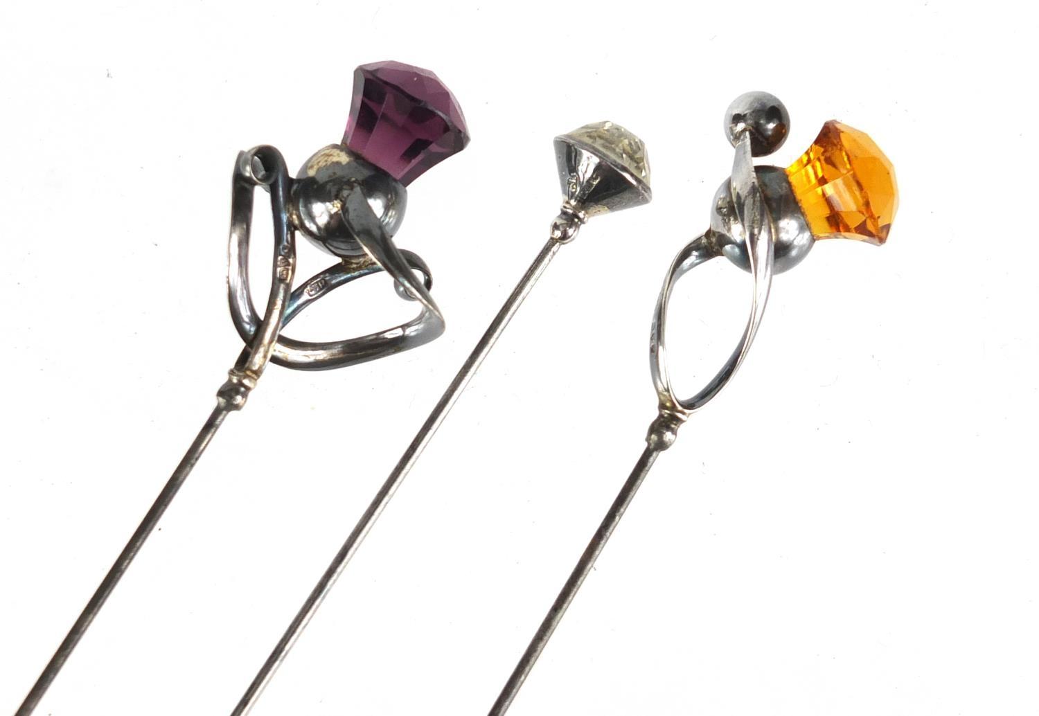 Three Art Nouveau silver hat pins by Charles Horner, the amethyst example Chester 1912, the - Image 2 of 6