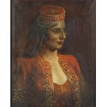 Kyril Vassilev 1923 - Lebanese woman, oil on canvas, framed, inscribed label verso, 57cm x 52.5cm :