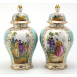 Large pair of German porcelain baluster vases with covers by Thieme Potschappel, hand painted with