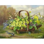 Constance Cooper- Blue tit and Sussex trug with spring flowers, oil on canvas, framed, 39.5cm x 30cm