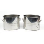 Pair of Alfred Gratien design stainless steel champagne buckets with twin handles, each 27.5cm
