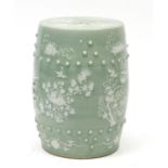 Chinese celadon glaze barrel shaped garden seat, hand painted with birds of paradise and butterflies