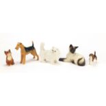 Five Beswick cats and dogs including a Wire-haired terrier, Beagle and Siamese cat, the largest 14cm