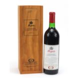 Bottle of vintage 1990 Penfolds bin 920 Cabernet-Shiraz red wine with wooden crate :For Further
