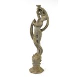 Reconstituted stoneware garden statue of a nude maiden standing on a ball, 170cm high :For Further