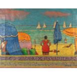 Continental beach scene, post Impressionist oil onto canvas, bearing an indistinct signature and