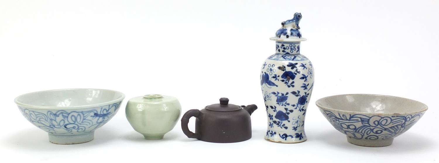 Chinese ceramics including a Celadon glazed vase, Yixing teapot, and blue and white baluster vase - Image 4 of 7