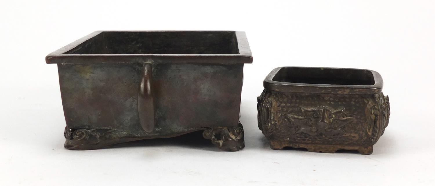 Pair of Japanese patinated bronze bonsai planters including one with twin handles, the largest 18. - Image 7 of 9