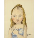 Manner of Léonard Tsuguharu Foujita - Portrait of a girl, watercolour, framed, 29cm x 23cm :For