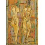 After Graham Sutherland - Abstract composition, two nude figures, oil on board, mounted and
