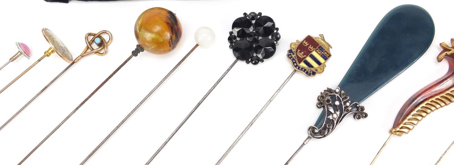 Collection of vintage hat pins including one unmarked gold, some enamelled, cameo and turquoise, the - Image 3 of 7