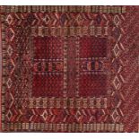 Turkman rug with all over blue and red geometric design, 140cm x 130cm :For Further Condition