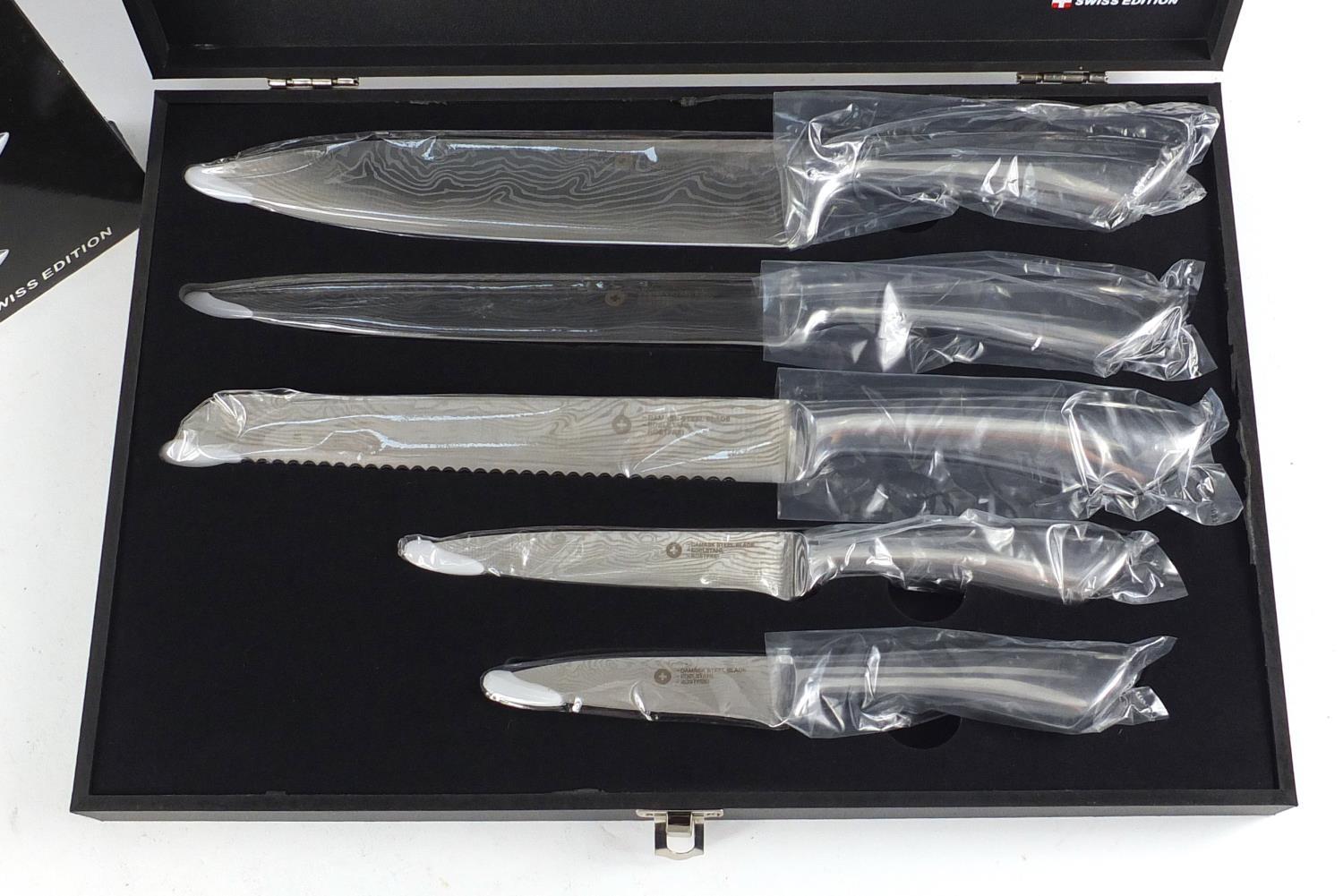 As new Swiss five piece knife set with Damask steel blades and fitted case :For Further Condition - Image 3 of 4
