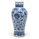 Chinese blue and white porcelain baluster vase hand painted with flower heads amongst scrolling