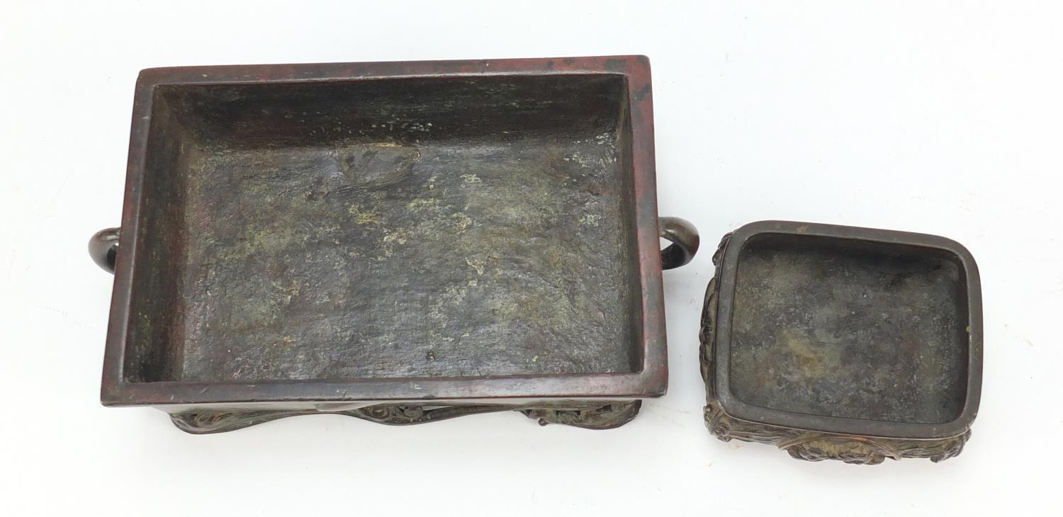 Pair of Japanese patinated bronze bonsai planters including one with twin handles, the largest 18. - Image 8 of 9