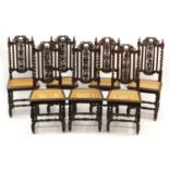 Harlequin set of seven carved oak barley twist chairs with cane seats, 107cm high :For Further