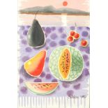 Manner of Mary Fedden - Still life fruit before water, watercolour, mounted and framed, 29.5cm x