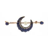 Victorian unmarked gold, diamond, sapphire and pearl moon crescent brooch, 4.5cm in length, 5.9g :