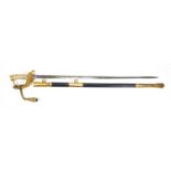 Military interest Elizabeth II Royal Naval dress sword engraved steel blade, scabbard and leather